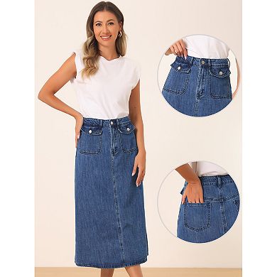 Long Denim Skirt For Women's Casual High Waisted Flap Pocket A-line Jean Skirt