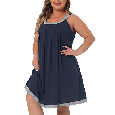 Plus Size Nightgown For Women Sleeveless Contrast Color Wide Strap Pleated Sleepwear