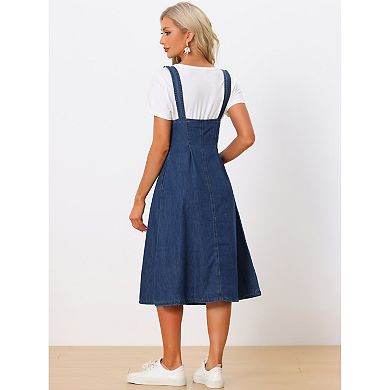Suspender Dress For Women's  Button Front Classic U Neck Overall Denim Midi Dress With Pockets