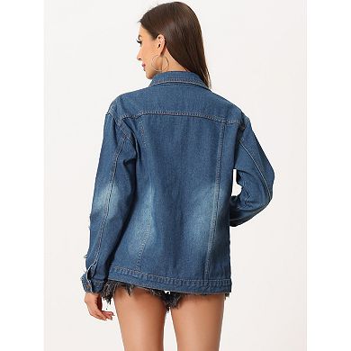 Women's Oversized Denim Jackets Long Sleeve Ripped Distressed Jean Trucker Jacket