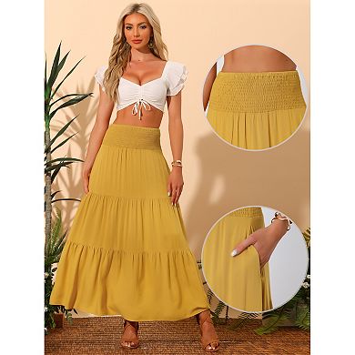 Summer Maxi Skirt For Women's Casual Elastic High Waist Tiered Boho Long Skirts