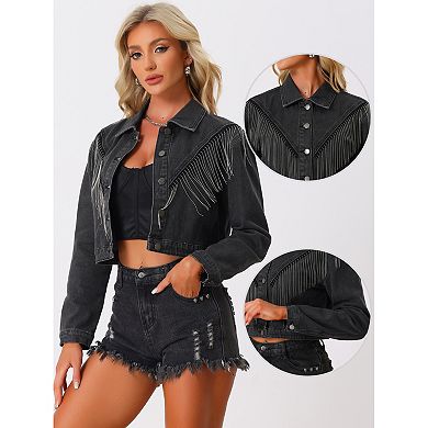 Fringe Denim Jacket For Women's Long Sleeve Button Down Casual Tassel Jean Jackets