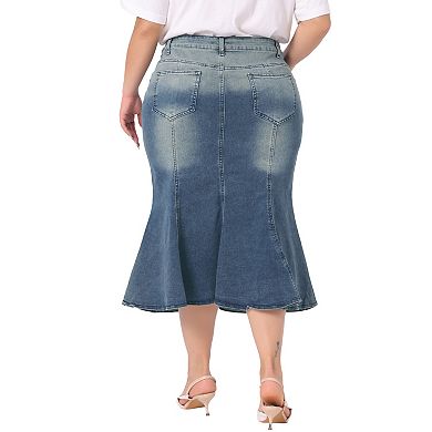 Plus Size Denim Skirts Fishtail Bodycon Elegant High Waist Mermaid Denim Midi Jean Skirt