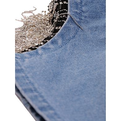 Jean Skirts For Women's High Waisted Rhinestone Fringe Trim Mini Denim Skirt