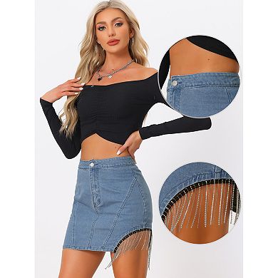 Jean Skirts For Women's High Waisted Rhinestone Fringe Trim Mini Denim Skirt