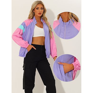 Casual Colorblock Jacket For Women's Stand Collar Zip Pockets Long Sleeve Jackets