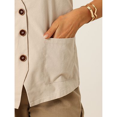 Button Down Vest For Women Linen Sleeveless V Neck Summer Waistcoat