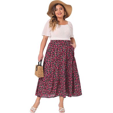 Women's Plus Size Maxi Skirts A Line With Pocket Stretchy Waist Layered Summer