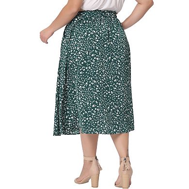 Plus Size Skirts For Women Pleated Elastic High Waist Midi Casual Floral Print Skirt With Pockets