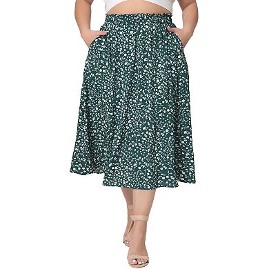 Plus Size Skirts For Women Pleated Elastic High Waist Midi Casual Floral Print Skirt With Pockets
