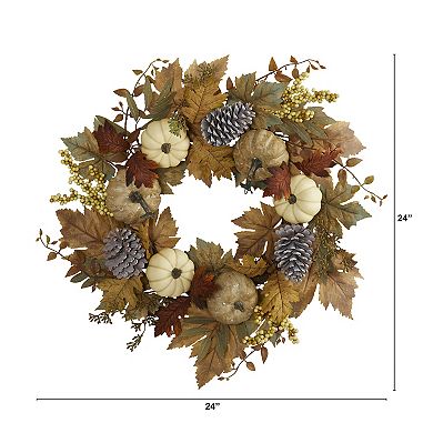 24” Fall Pumpkins, Pine Cones And Berries Artificial Wreath