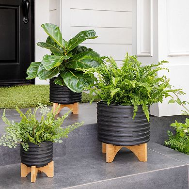 11" Black And Brown Textured Ceramic Planter With Stand