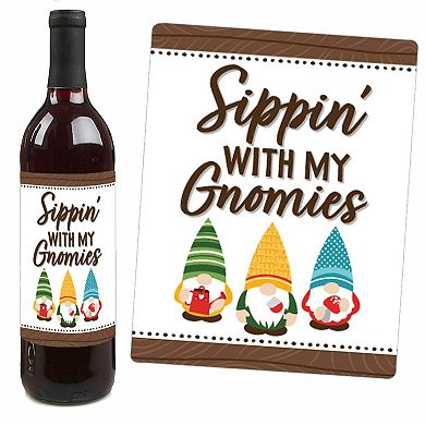 Big Dot Of Happiness Garden Gnomes - Forest Gnome Party Decor Wine Bottle Label Stickers 4 Ct