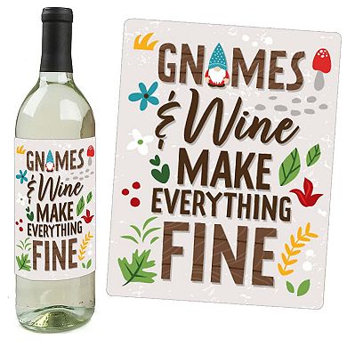 Big Dot Of Happiness Garden Gnomes - Forest Gnome Party Decor Wine Bottle Label Stickers 4 Ct