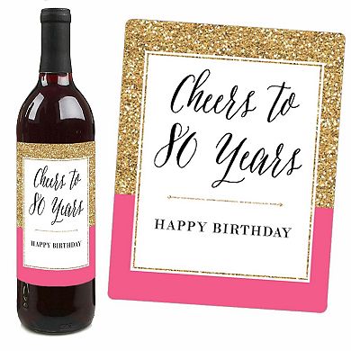 Big Dot Of Happiness Chic 80th Birthday Pink Black Gold Gift Wine Bottle Label Stickers 4 Ct