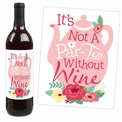 Big Dot Of Happiness Floral Let's Par-tea - Garden Tea Party Wine Bottle Label Stickers 4 Ct