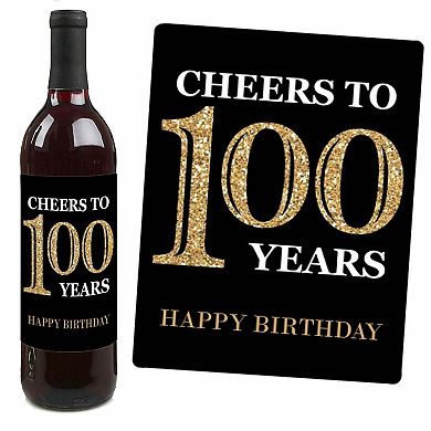 Big Dot Of Happiness Adult 100th Birthday Gold - Party Gift - Wine Bottle Label Stickers 4 Ct