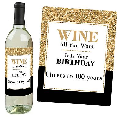 Big Dot Of Happiness Adult 100th Birthday Gold - Party Gift - Wine Bottle Label Stickers 4 Ct