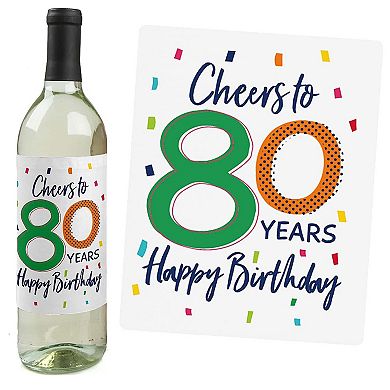 Big Dot Of Happiness 80th Birthday - Cheerful Happy Birthday Wine Bottle Label Stickers 4 Ct