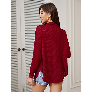 Womens Waffle Knit Shirt Button Down Oversized Blouse Long Sleeve Jacket Tops With Bust Pockets