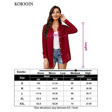 Womens Waffle Knit Shirt Button Down Oversized Blouse Long Sleeve Jacket Tops With Bust Pockets