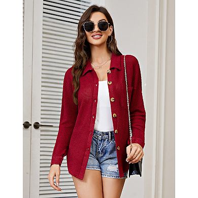 Womens Waffle Knit Shirt Button Down Oversized Blouse Long Sleeve Jacket Tops With Bust Pockets