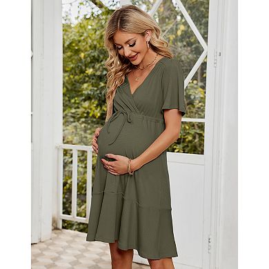 Smocked Maternity Boho Dress Casual Spaghetti Strap Ruffle Sleeveless Swing Summer Midi Dress