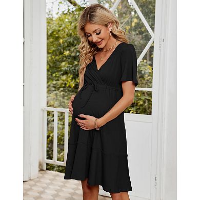 Smocked Maternity Boho Dress Casual Spaghetti Strap Ruffle Sleeveless Swing Summer Midi Dress