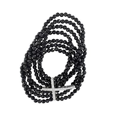 Athra NJ Inc Sterling Silver Cubic Zirconia Cross Black Onyx Beaded Stretch Bracelet