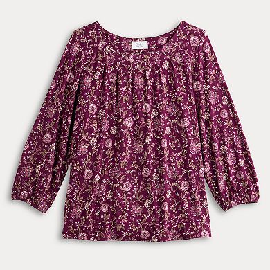 Women's Croft & Barrow Printed 3/4-Sleeve Pleated Round Neck Top