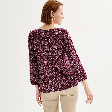 Women's Croft & Barrow Printed 3/4-Sleeve Pleated Round Neck Top