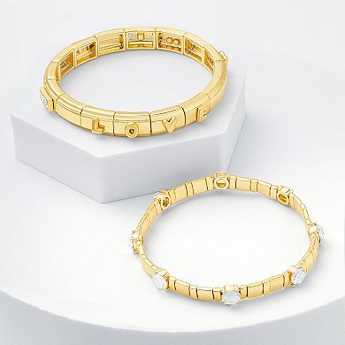 Brilliance Gold Tone Aqua Glass Stone Double Stretch Bracelet Duo Set
