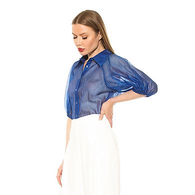 Women's ALEXIA ADMOR Billie Sheer Collared Puff Sleeve Button Down Shirt