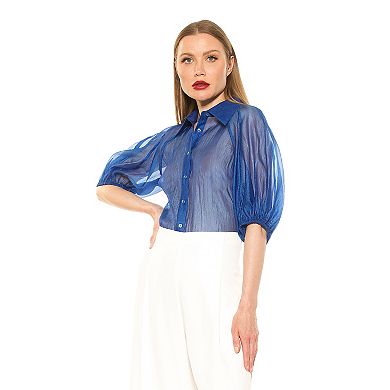 Women's ALEXIA ADMOR Billie Sheer Collared Puff Sleeve Button Down Shirt