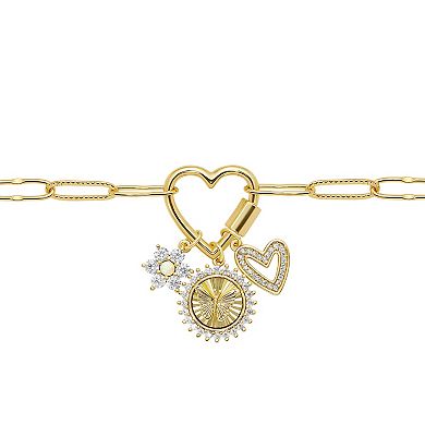 Brilliance Gold Tone Heart Carabiner & Gemstone Charms Paperclip Link Chain Bracelet