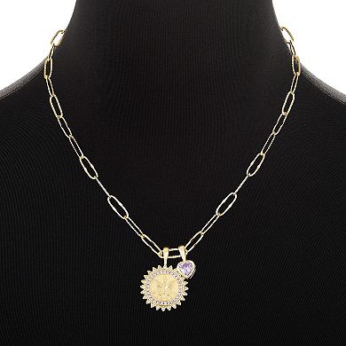 Brilliance Gold Tone Lavender Cubic Zirconia Butterfly Coin & Heart Pendant Paperclip Link Chain Necklace