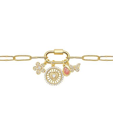 Brilliance Gold Tone Cubic Zirconia Flower, Heart Coin, Teardrop & Butterfly Charms on Carabiner Paperclip Link Chain Bracelet