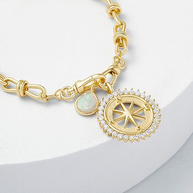 Brilliance Gold Tone Cubic Zirconia Compass Coin & White Opal Stone Teardrop Charms on Knot Link Chain Bracelet
