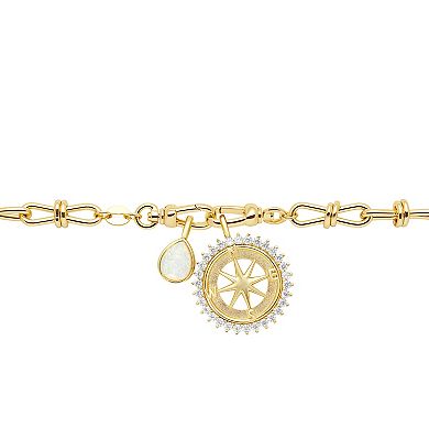 Brilliance Gold Tone Cubic Zirconia Compass Coin & White Opal Stone Teardrop Charms on Knot Link Chain Bracelet