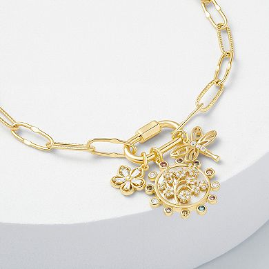 Brilliance Gold Tone Cubic Zirconia Flower, Mother of Pearl Flower Coin & Polished Dragonfly Charms on Carabiner Paperclip Link Chain Bracelet