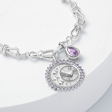 Brilliance Silver Tone Cubic Zirconia Polished Heart Star Coin & Lavender Cubic Zirconia Teardrop Charm on Knot Link Chain Bracelet