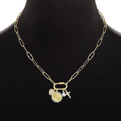 Brilliance Gold Tone Cubic Zirconia Heart, Cross Coin, Teardrop & Cross Charms on Carabiner Paperclip Link Chain Necklace