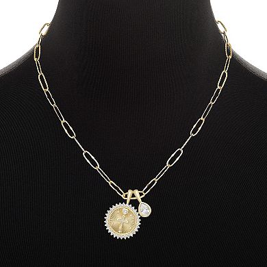 Brilliance Gold Tone Cubic Zirconia Cross Coin & Teardrop Pendant Paperclip Link Chain Necklace