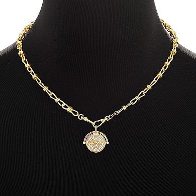 Brilliance Gold Tone Multi Color Cubic Zirconia Spinnable Love Coin Charm Knot Link Chain Necklace