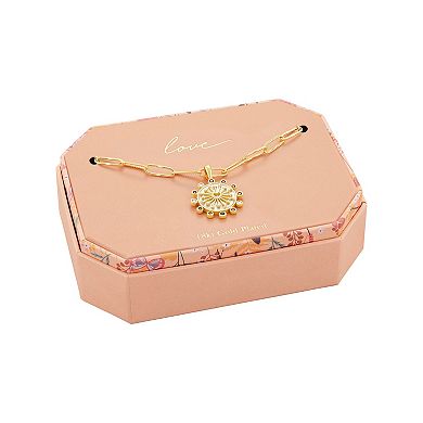 Brilliance Gold Tone Multi Color Cubic Zirconia & Mother of Pearl Polished Heart Coin Pendant Paperclip Link Chain Necklace