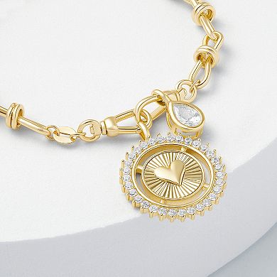 Brilliance Gold Tone Cubic Zirconia Polished Heart Coin & Teardrop Charm Knot Link Chain Bracelet