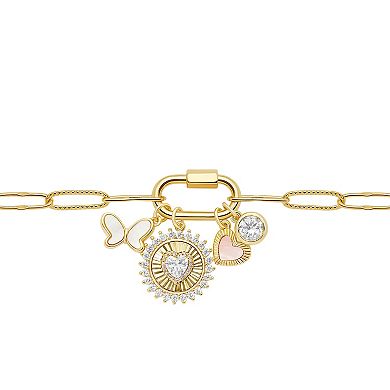 Brilliance Gold Tone Mother of Pearl & Cubic Zirconia Charms on Carabiner Paperclip Link Chain Bracelet