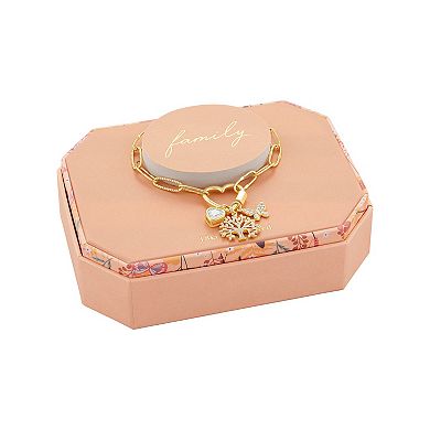 Brilliance Gold Tone Cubic Zirconia Heart, Family Tree & Butterfly Charms on Heart Carabiner Paperclip Link Chain Bracelet