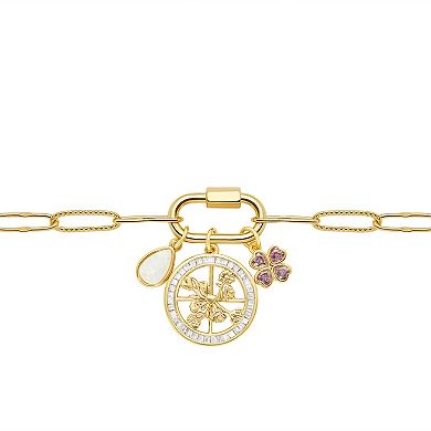 Brilliance Gold Tone Opal Stone Teardrop, Cubic Zirconia Flower Coin & Lavender Cubic Zirconia Flower Charms on Carabiner Paperclip Link Chain Bracelet