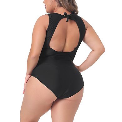 Plus Size One Piece Swimsuit For Women Mesh Bathing Suits Open Back Tie Plunge Swimwear